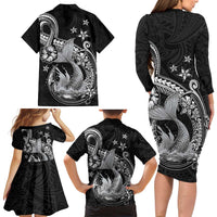 Hawaii Mermaid Monotone Family Matching Long Sleeve Bodycon Dress and Hawaiian Shirt Polynesian Pattern Fish Hook