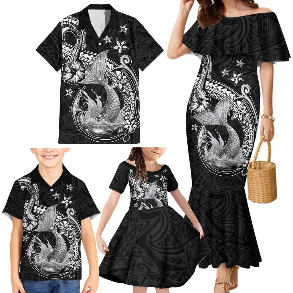 Hawaii Mermaid Monotone Family Matching Mermaid Dress and Hawaiian Shirt Polynesian Pattern Fish Hook