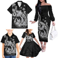 Hawaii Mermaid Monotone Family Matching Off The Shoulder Long Sleeve Dress and Hawaiian Shirt Polynesian Pattern Fish Hook