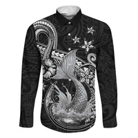 Hawaii Mermaid Monotone Family Matching Off The Shoulder Long Sleeve Dress and Hawaiian Shirt Polynesian Pattern Fish Hook