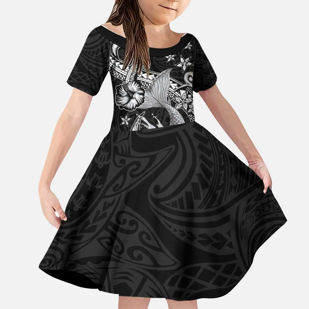 Hawaii Mermaid Monotone Family Matching Off Shoulder Maxi Dress and Hawaiian Shirt Polynesian Pattern Fish Hook