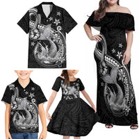 Hawaii Mermaid Monotone Family Matching Off Shoulder Maxi Dress and Hawaiian Shirt Polynesian Pattern Fish Hook