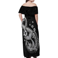 Hawaii Mermaid Monotone Family Matching Off Shoulder Maxi Dress and Hawaiian Shirt Polynesian Pattern Fish Hook