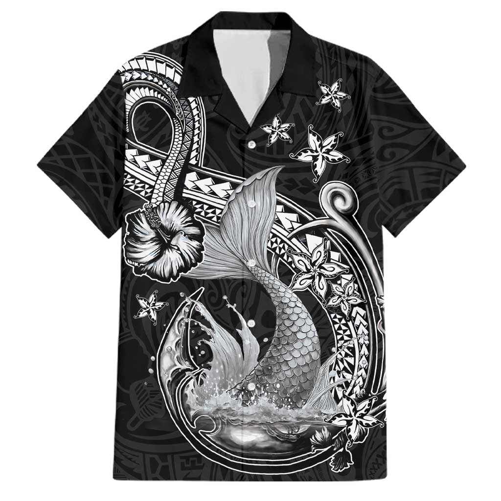 Hawaii Mermaid Monotone Family Matching Off Shoulder Short Dress and Hawaiian Shirt Polynesian Pattern Fish Hook