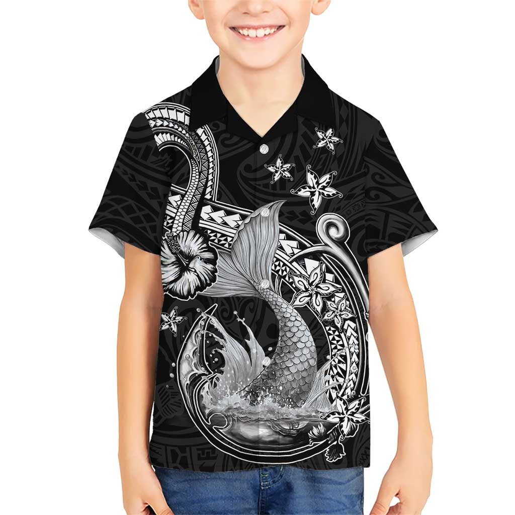 Hawaii Mermaid Monotone Family Matching Off Shoulder Short Dress and Hawaiian Shirt Polynesian Pattern Fish Hook