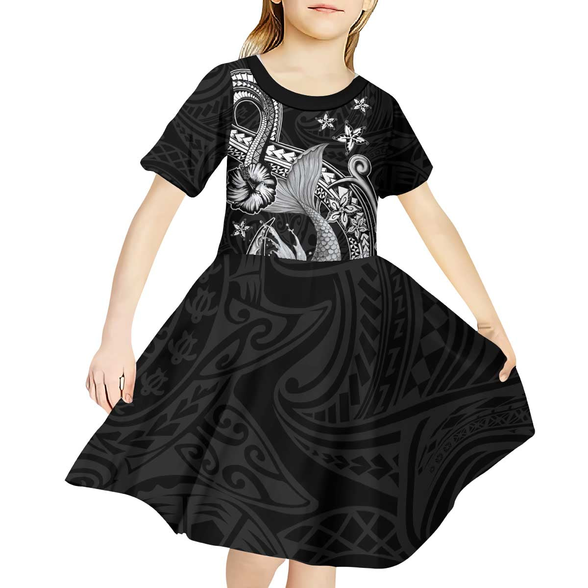 Hawaii Mermaid Monotone Kid Short Sleeve Dress Polynesian Pattern Fish Hook