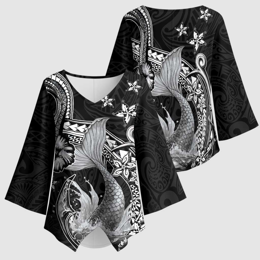 Hawaii Mermaid Monotone Kimono Sleeve Blouse Polynesian Pattern Fish Hook