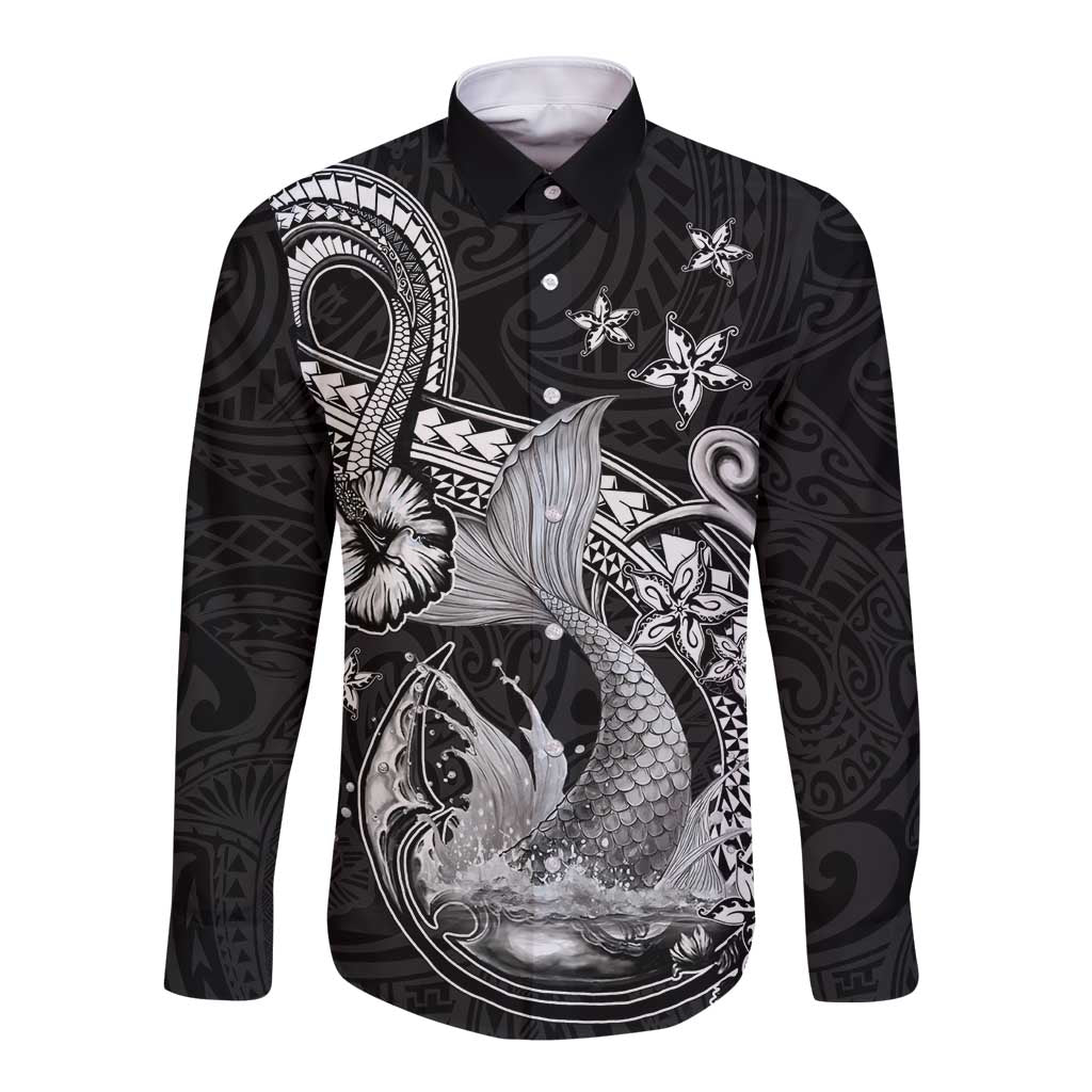 Hawaii Mermaid Monotone Long Sleeve Button Shirt Polynesian Pattern Fish Hook