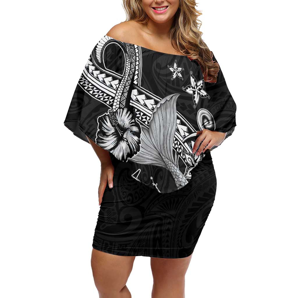 Hawaii Mermaid Monotone Off Shoulder Short Dress Polynesian Pattern Fish Hook