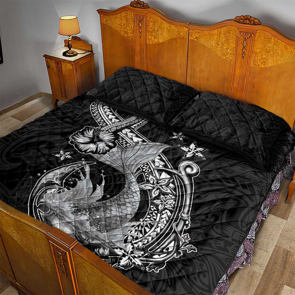 Hawaii Mermaid Monotone Quilt Bed Set Polynesian Pattern Fish Hook