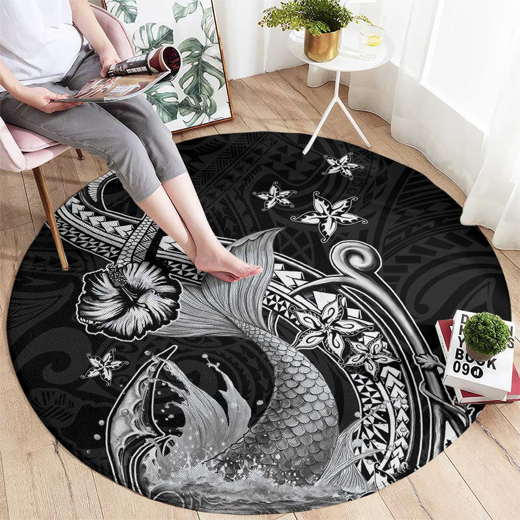 Hawaii Mermaid Monotone Round Carpet Polynesian Pattern Fish Hook