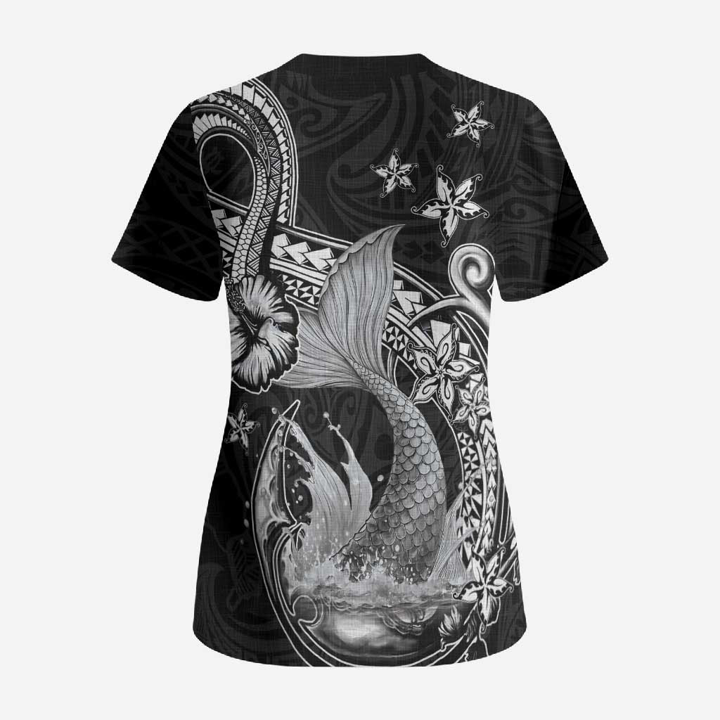 Hawaii Mermaid Monotone Scrub Top Polynesian Pattern Fish Hook