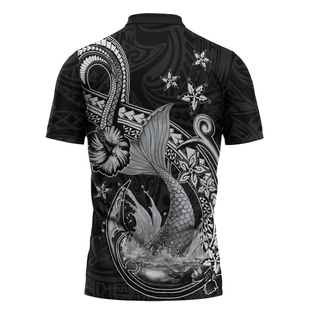 Hawaii Mermaid Monotone Zipper Polo Shirt Polynesian Pattern Fish Hook