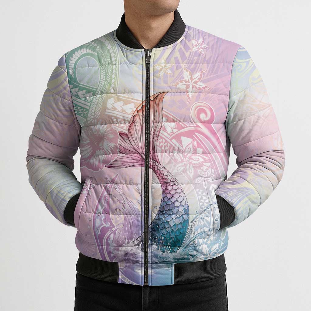 Hawaii Mermaid Sweet Pastel Bomber Puffer Jacket Polynesian Pattern Fish Hook