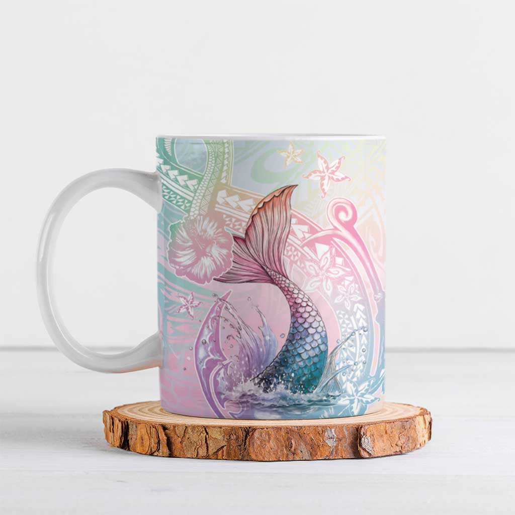 Hawaii Mermaid Sweet Pastel Ceramic Mug Polynesian Pattern Fish Hook