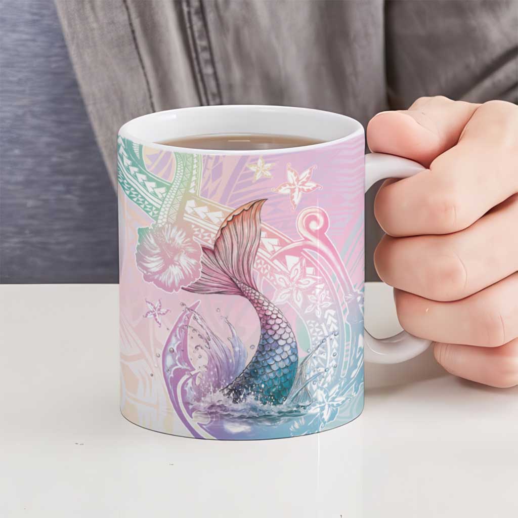 Hawaii Mermaid Sweet Pastel Ceramic Mug Polynesian Pattern Fish Hook