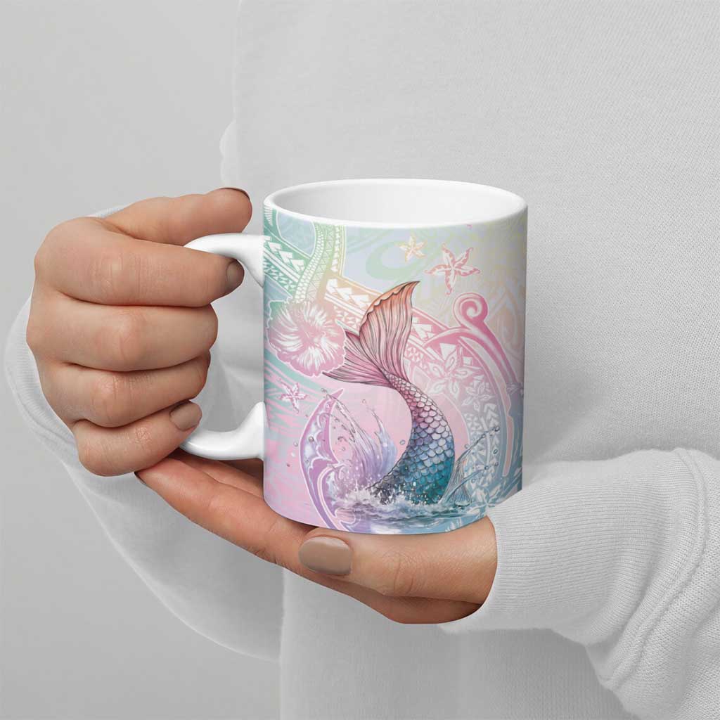 Hawaii Mermaid Sweet Pastel Ceramic Mug Polynesian Pattern Fish Hook