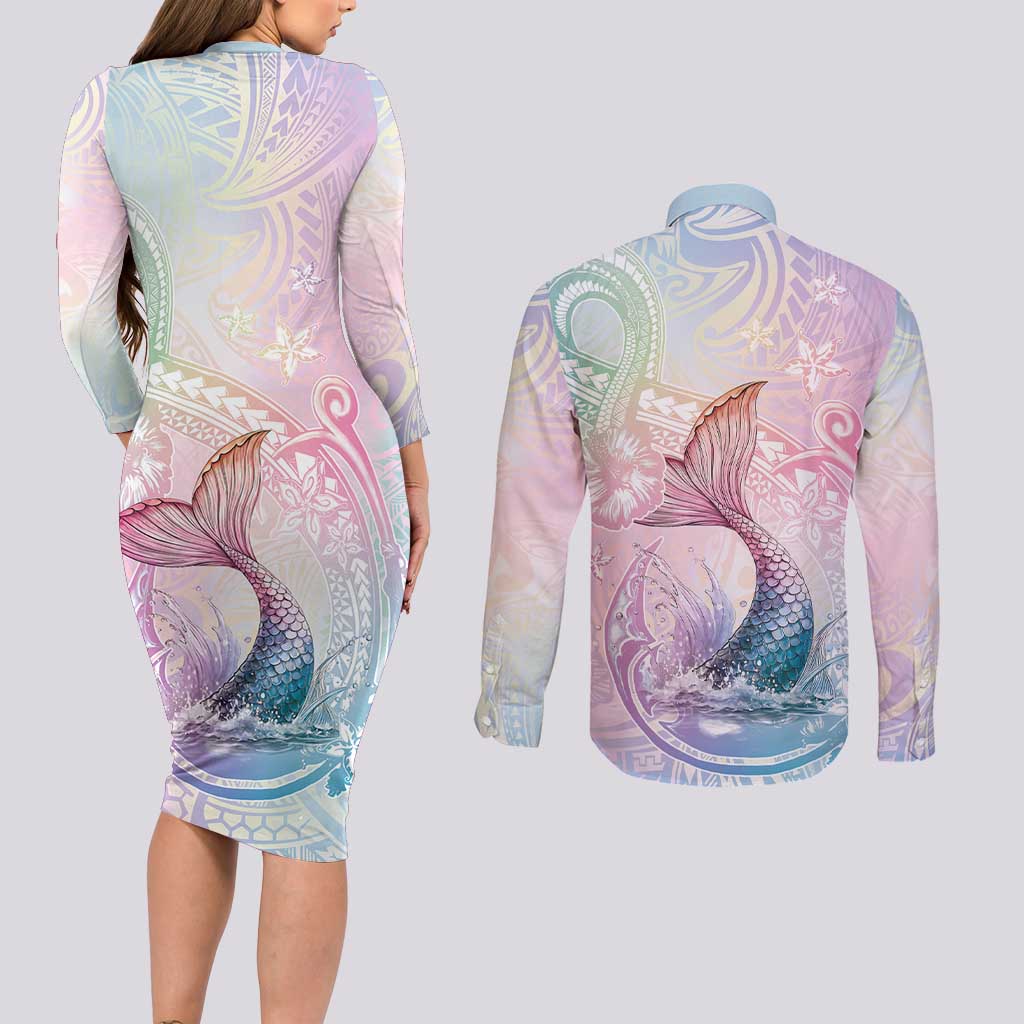 Hawaii Mermaid Sweet Pastel Couples Matching Long Sleeve Bodycon Dress and Long Sleeve Button Shirt Polynesian Pattern Fish Hook