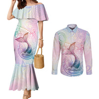 Hawaii Mermaid Sweet Pastel Couples Matching Mermaid Dress and Long Sleeve Button Shirt Polynesian Pattern Fish Hook