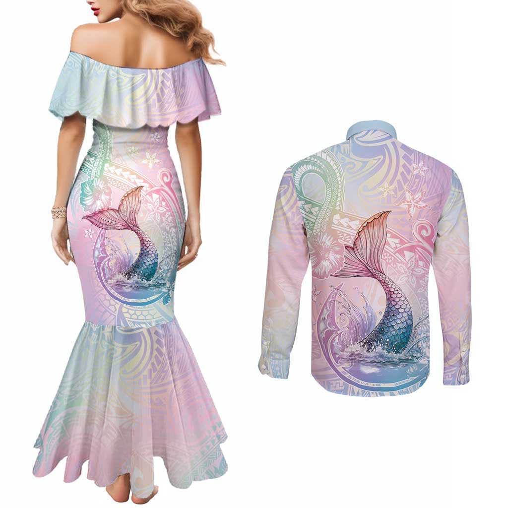Hawaii Mermaid Sweet Pastel Couples Matching Mermaid Dress and Long Sleeve Button Shirt Polynesian Pattern Fish Hook