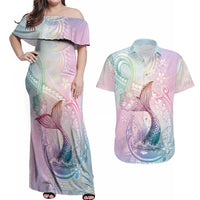Hawaii Mermaid Sweet Pastel Couples Matching Off Shoulder Maxi Dress and Hawaiian Shirt Polynesian Pattern Fish Hook