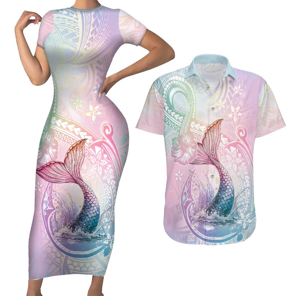 Hawaii Mermaid Sweet Pastel Couples Matching Short Sleeve Bodycon Dress and Hawaiian Shirt Polynesian Pattern Fish Hook