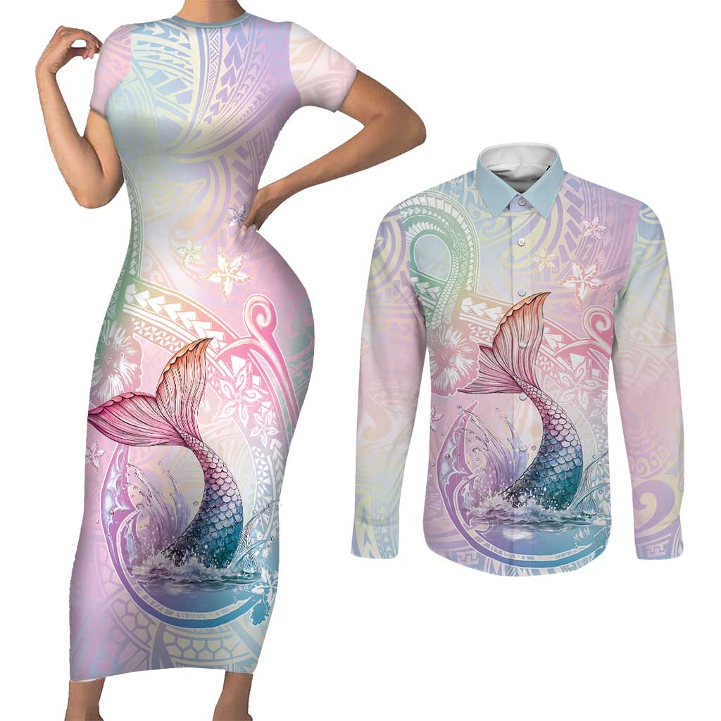 Hawaii Mermaid Sweet Pastel Couples Matching Short Sleeve Bodycon Dress and Long Sleeve Button Shirt Polynesian Pattern Fish Hook