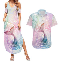 Hawaii Mermaid Sweet Pastel Couples Matching Summer Maxi Dress and Hawaiian Shirt Polynesian Pattern Fish Hook