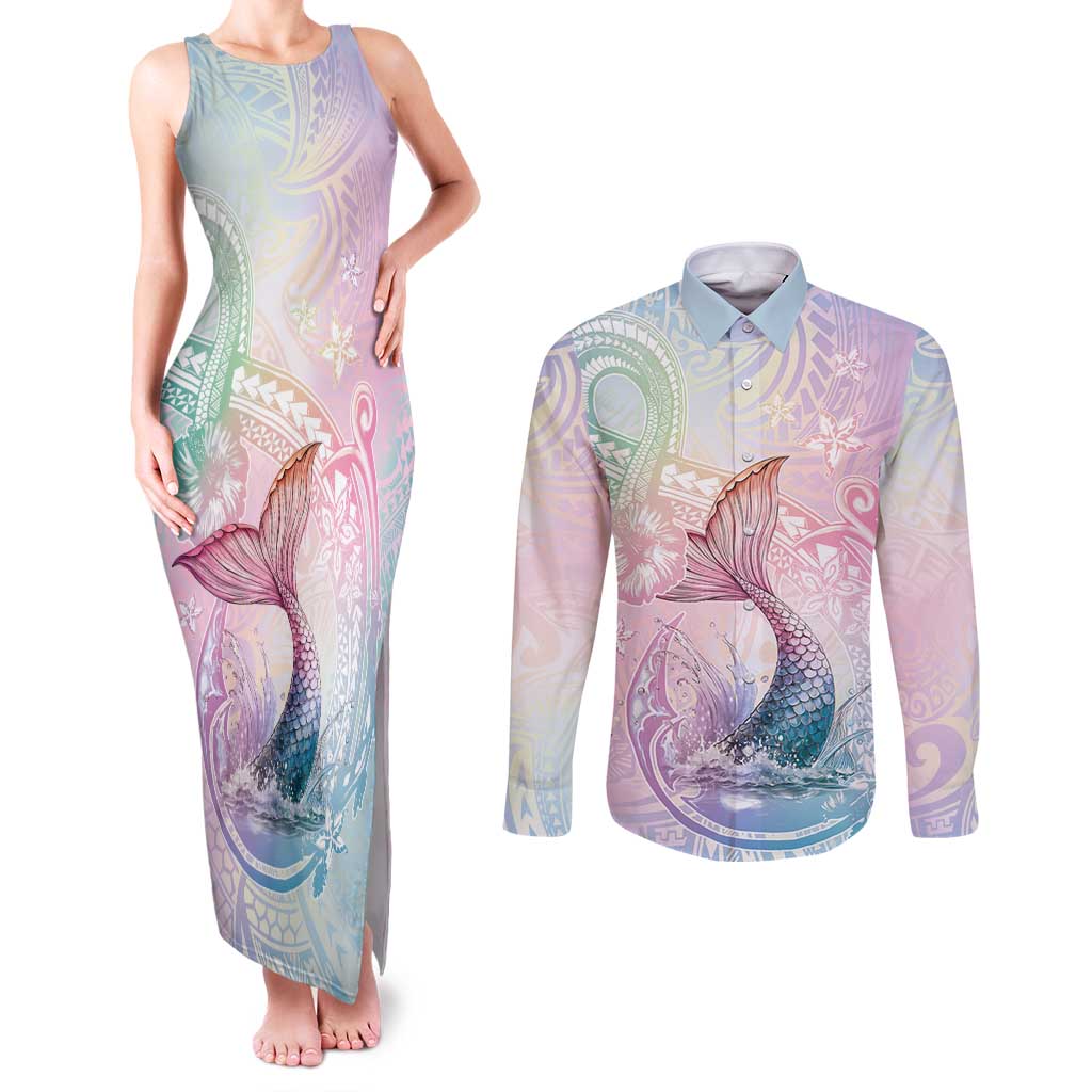 Hawaii Mermaid Sweet Pastel Couples Matching Tank Maxi Dress and Long Sleeve Button Shirt Polynesian Pattern Fish Hook