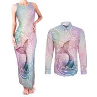 Hawaii Mermaid Sweet Pastel Couples Matching Tank Maxi Dress and Long Sleeve Button Shirt Polynesian Pattern Fish Hook