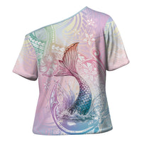 Hawaii Mermaid Sweet Pastel Cross Shoulder Shirt Polynesian Pattern Fish Hook