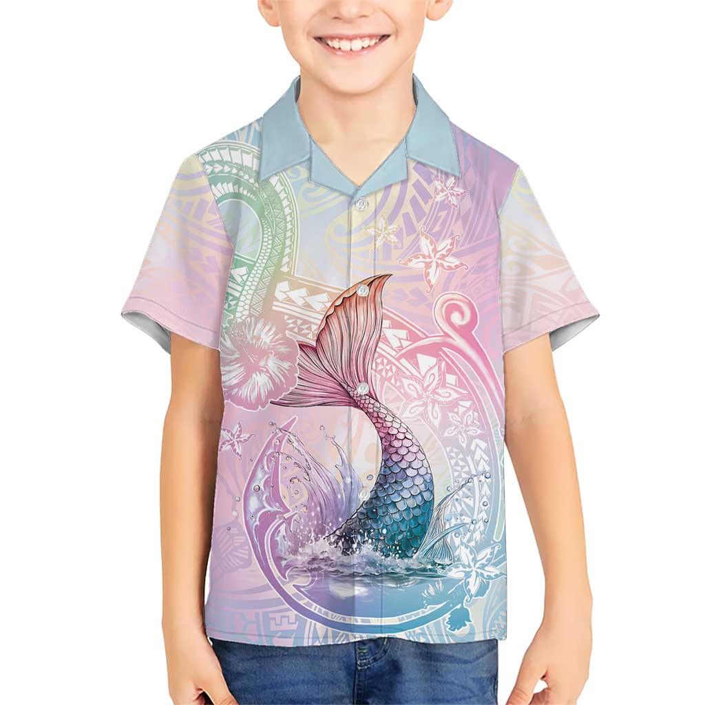 Hawaii Mermaid Sweet Pastel Family Matching Off The Shoulder Long Sleeve Dress and Hawaiian Shirt Polynesian Pattern Fish Hook