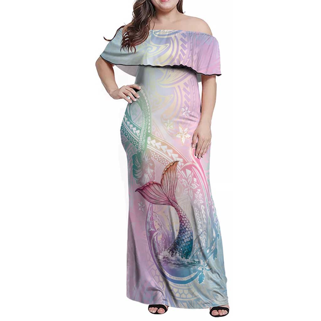 Hawaii Mermaid Sweet Pastel Family Matching Off Shoulder Maxi Dress and Hawaiian Shirt Polynesian Pattern Fish Hook