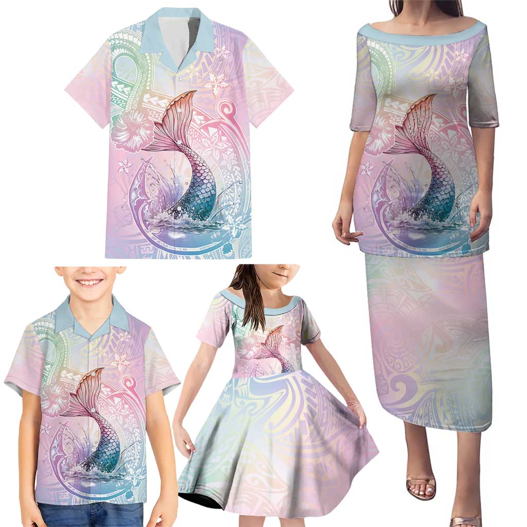 Hawaii Mermaid Sweet Pastel Family Matching Puletasi and Hawaiian Shirt Polynesian Pattern Fish Hook