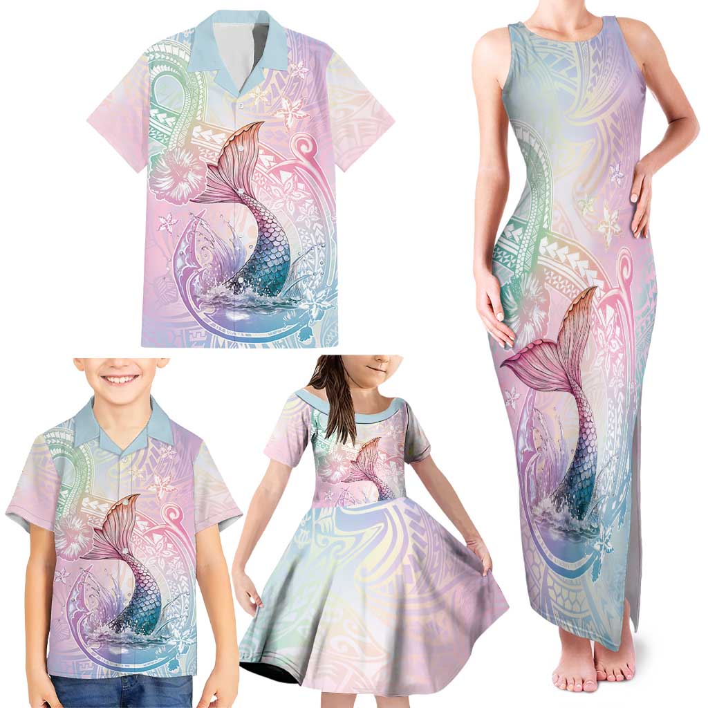 Hawaii Mermaid Sweet Pastel Family Matching Tank Maxi Dress and Hawaiian Shirt Polynesian Pattern Fish Hook