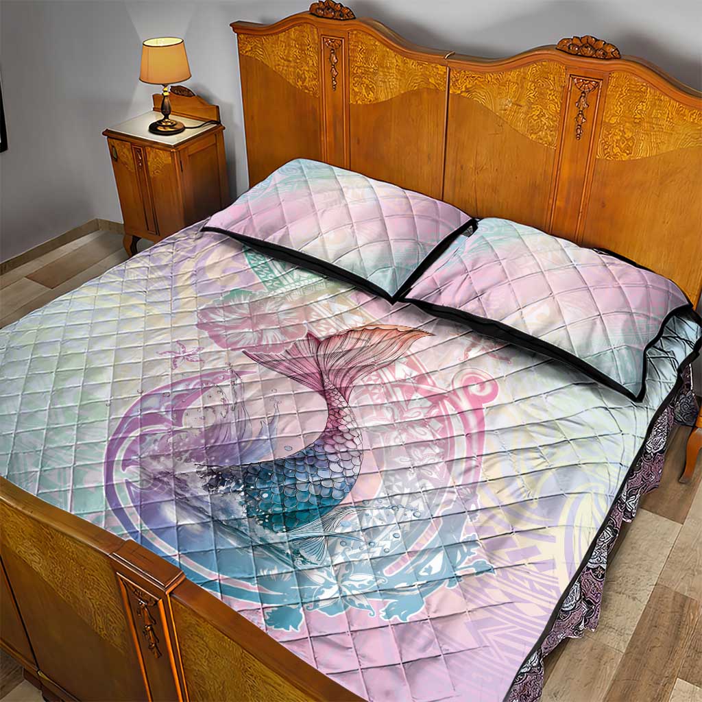 Hawaii Mermaid Sweet Pastel Quilt Bed Set Polynesian Pattern Fish Hook