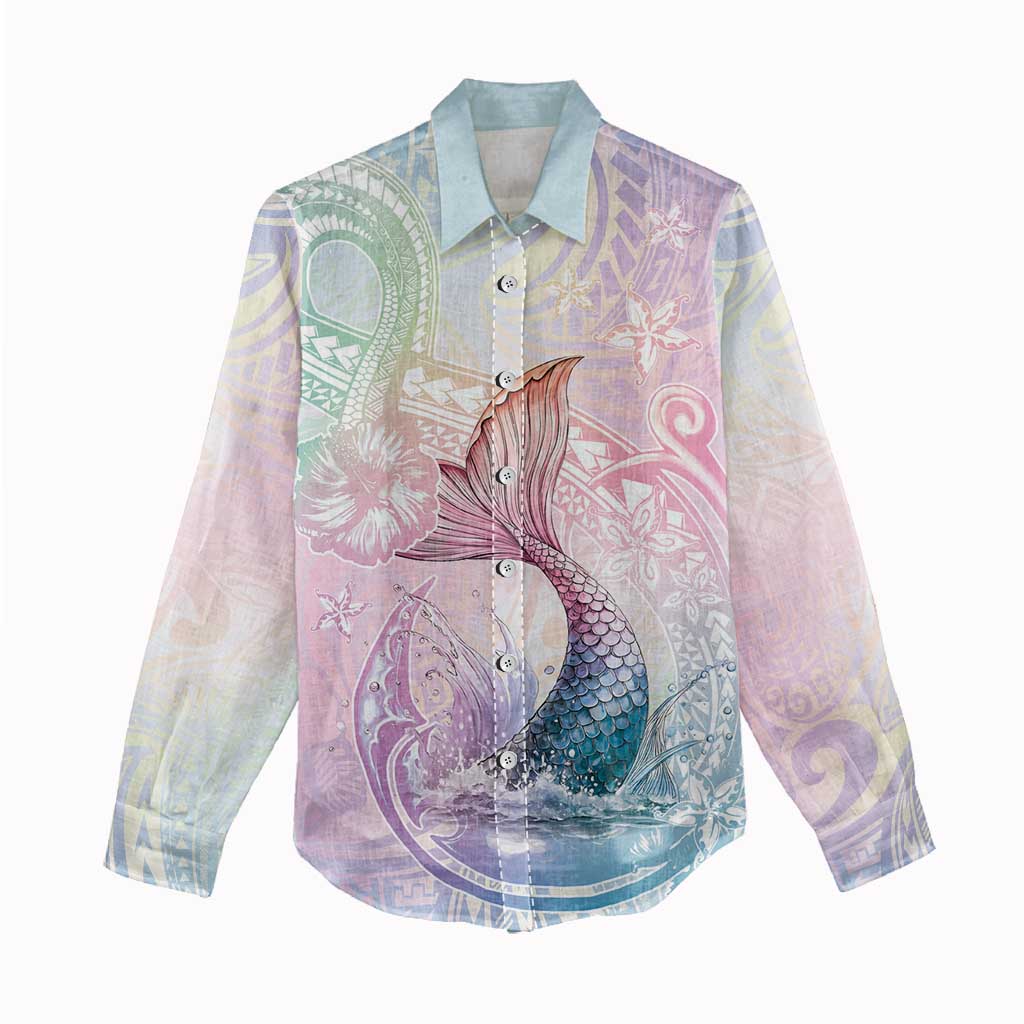 Hawaii Mermaid Sweet Pastel Women Casual Shirt Polynesian Pattern Fish Hook