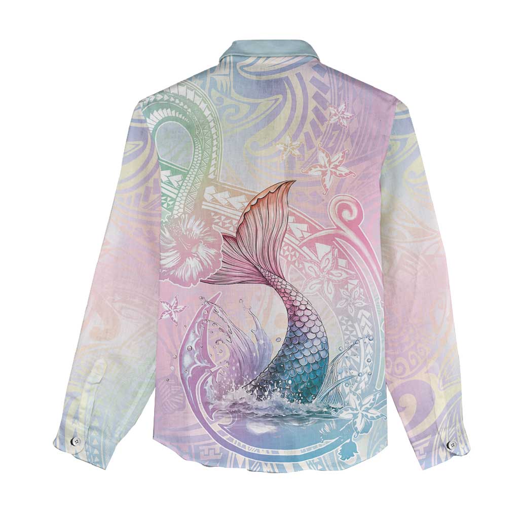 Hawaii Mermaid Sweet Pastel Women Casual Shirt Polynesian Pattern Fish Hook