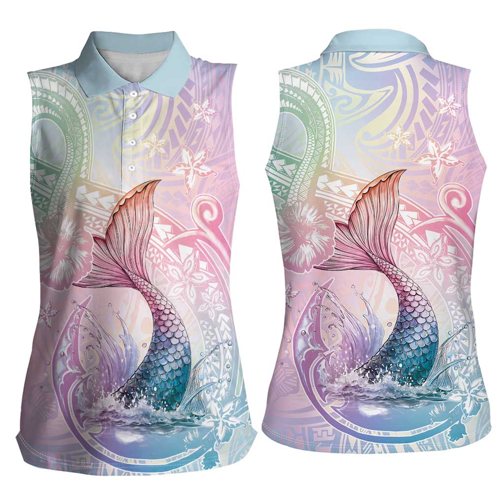 Hawaii Mermaid Sweet Pastel Women Sleeveless Polo Shirt Polynesian Pattern Fish Hook