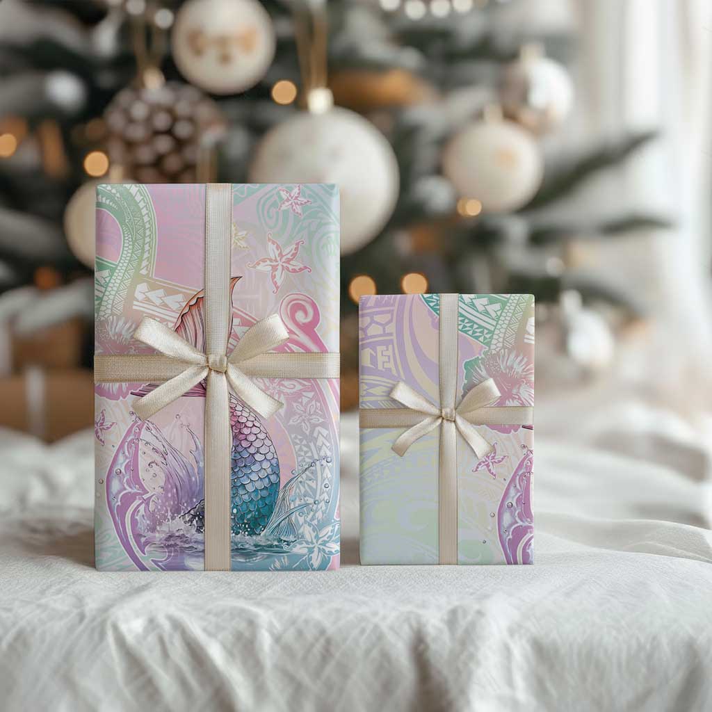 Hawaii Mermaid Sweet Pastel Wrapping Paper Polynesian Pattern Fish Hook