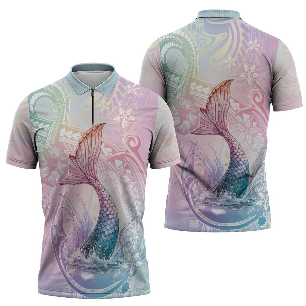 Hawaii Mermaid Sweet Pastel Zipper Polo Shirt Polynesian Pattern Fish Hook