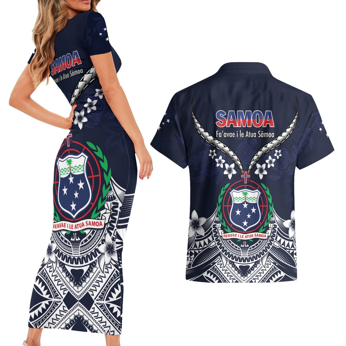 Samoa Independence Day Couples Matching Short Sleeve Bodycon Dress and Hawaiian Shirt Ula Nifo Mix Turtle