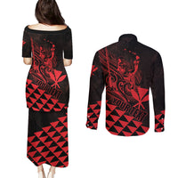 Personalized King Kamehameha Day Couples Matching Puletasi and Long Sleeve Button Shirt Kakau Polynesian Pattern