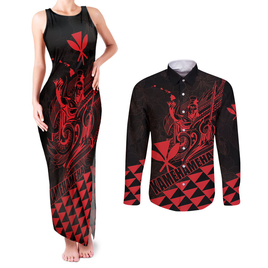 Personalized King Kamehameha Day Couples Matching Tank Maxi Dress and Long Sleeve Button Shirt Kakau Polynesian Pattern