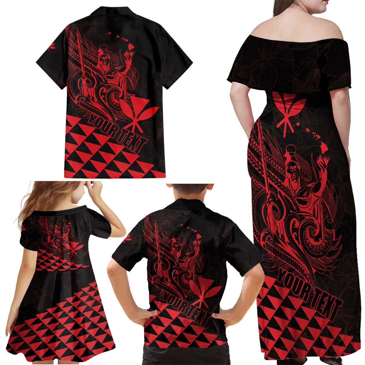 Personalized King Kamehameha Day Family Matching Off Shoulder Maxi Dress and Hawaiian Shirt Kakau Polynesian Pattern