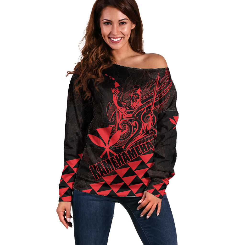 Personalized King Kamehameha Day Off Shoulder Sweater Kakau Polynesian Pattern LT01 Women Red - Polynesian Pride
