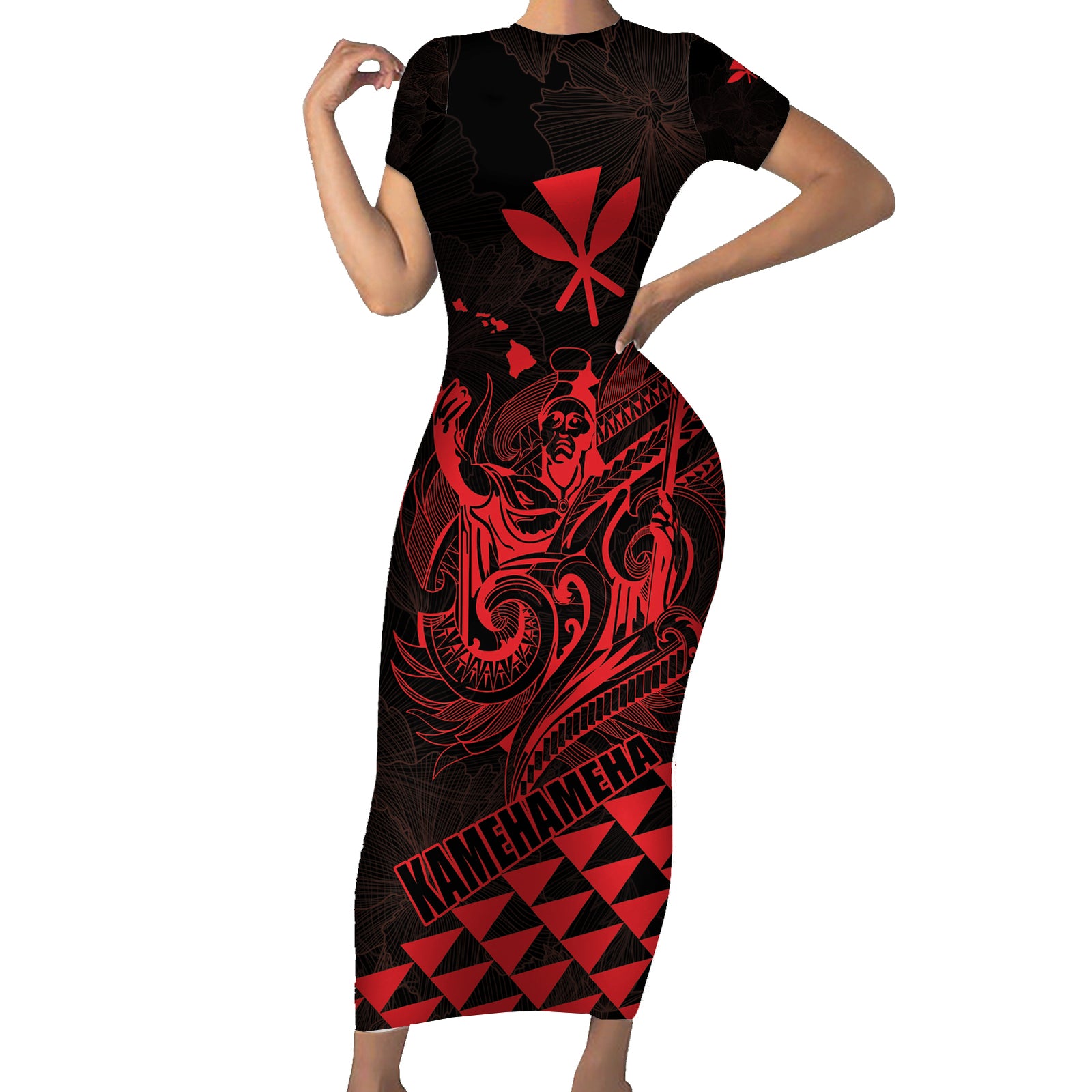 Personalized King Kamehameha Day Short Sleeve Bodycon Dress Kakau Polynesian Pattern LT01 Long Dress Red - Polynesian Pride