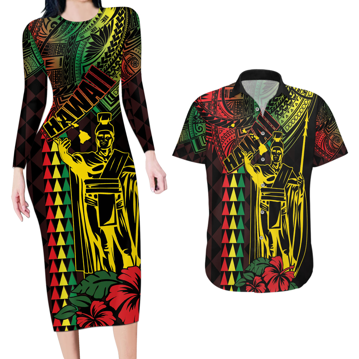 King Kamehameha Day Couples Matching Long Sleeve Bodycon Dress and Hawaiian Shirt Hawaii Kakau Reggae LT01 Black - Polynesian Pride