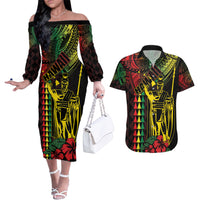 King Kamehameha Day Couples Matching Off The Shoulder Long Sleeve Dress and Hawaiian Shirt Hawaii Kakau Reggae LT01 Black - Polynesian Pride