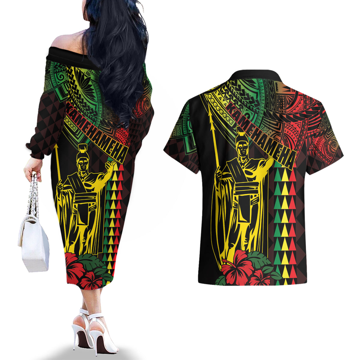 King Kamehameha Day Couples Matching Off The Shoulder Long Sleeve Dress and Hawaiian Shirt Hawaii Kakau Reggae LT01 - Polynesian Pride